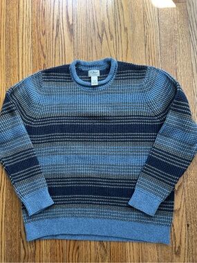 LL Bean Sweater Men’s Sz. L Striped Roll Neck Fisherman Chunky Knit Blue/Gray